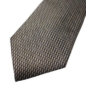 Domani Mens Silk Necktie Grey Gold‎ Navy Blue Chevron Geometric Pattern Korea